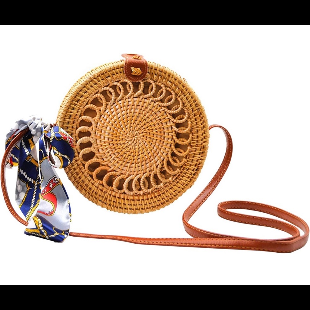 Round Natural Rattan Crossbody Bag